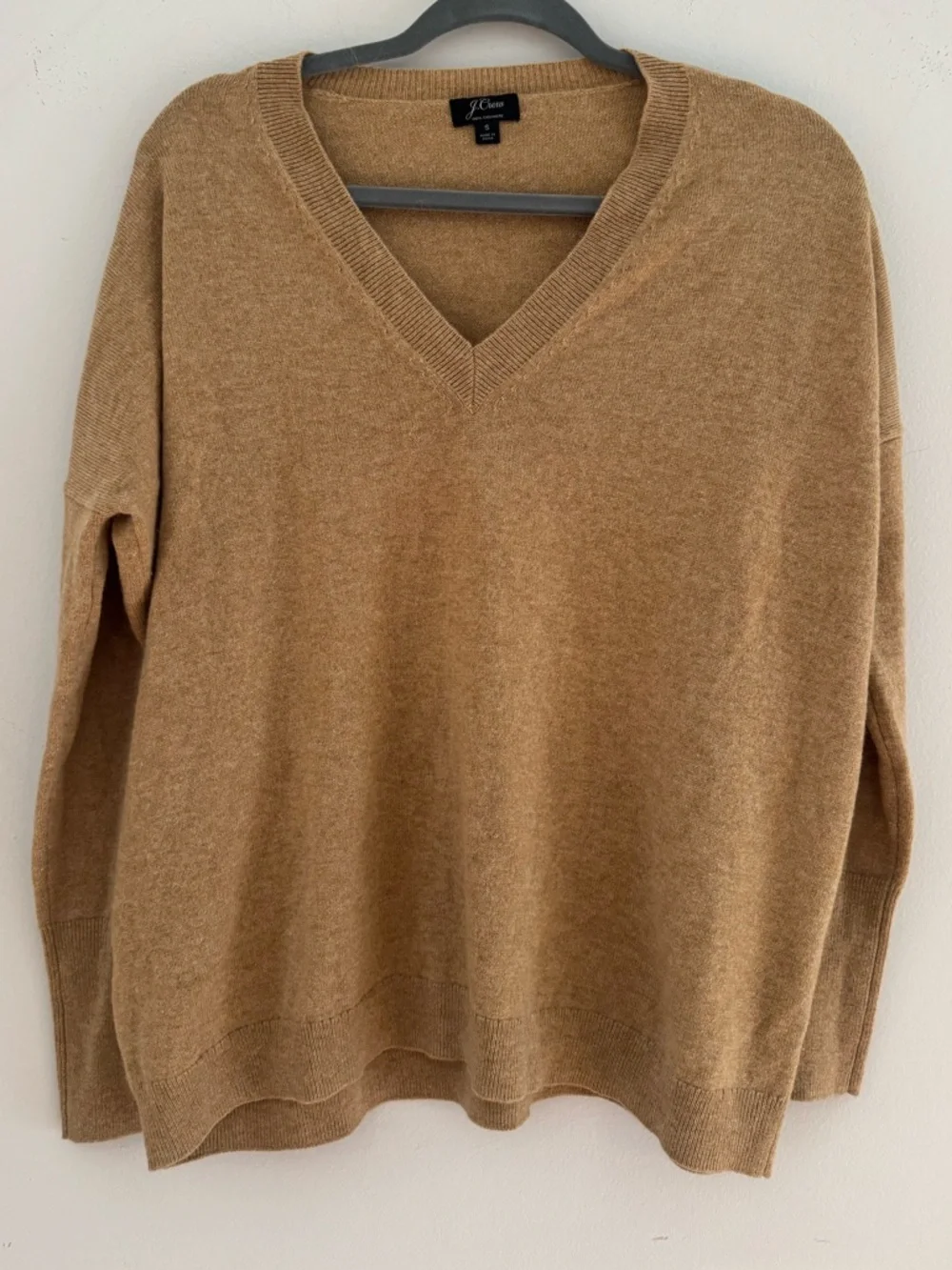 J.Crew 100% Cashmere V-Neck Boyfriend Sweater Camel Brown Tan Size Small